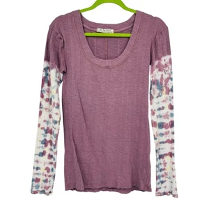 FREE PEOPLE Long Sleeve Top Tie Dye Purple Ribbed Thermal Stretch Womens XL - Picture 1 of 8