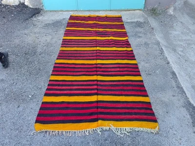 Vintage Turkish Kilim Rug 10.9x4.6 ft Handmade Wool Large Tribal Striped Carpet - Image 1 of 4