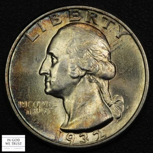 1932 George Washington Silver Quarter 25C (MS CH BU Choice Brilliant UNC TONED!) - Picture 1 of 5
