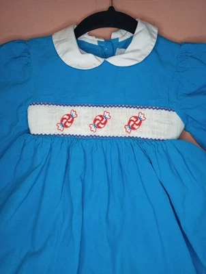 Beth Terell  Vintage Girls Aqua Dress  Size 5t Smocked Top Christmas Theme EUC - Image 1 of 4
