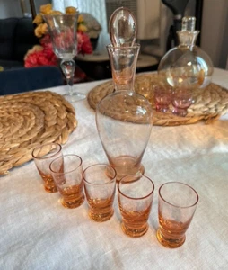 Vintage 1940er Französische Apero Dekanter Bernstein Pfirsich Farbverlauf Art Deco 6-teiliges Set 40 ml - Bild 1 von 22