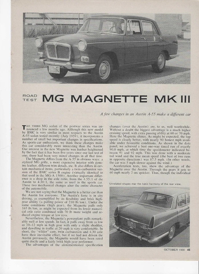 MG Magnette 1959 3 páginas vintage prueba de carretera, en categoría de anuncio impreso. British Motor Foto 1 de 1