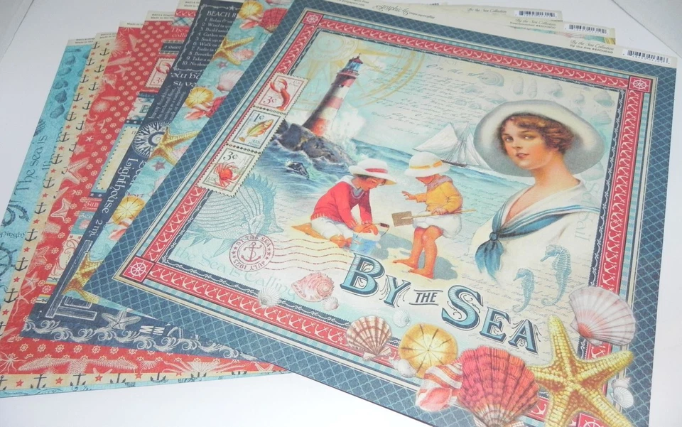 LOTE JUNTO AL MAR SEASHELL GRÁFICO 45 DOBLE CARA DISEÑO PAPEL CARTULINA 12 x12 Foto 1 de 1