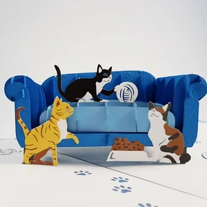 CATS ON SOFA pop-up greeting card (pet,handmade,beautiful,unique gift/decor/art) - Picture 1 of 4