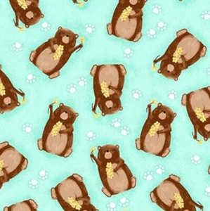 Brown Teddy Bears on Turquoise Comfy Cotton FLANNEL Fabric by the Yard - Picture 1 of 1