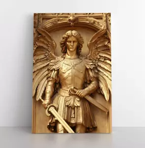 Statua angelo Arcangelo Michele oro stampa artistica da parete su tela incorniciata - Foto 1 di 9