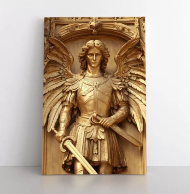 Impresión de arte de pared de estatua de ángel dorado Arcángel Miguel sobre lienzo enmarcado Foto 1 de 4