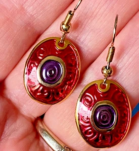 Vintage Red & Purple Enamel Berebi Drop Dangle Pierced Hook Earrings Q086 - Picture 1 of 5