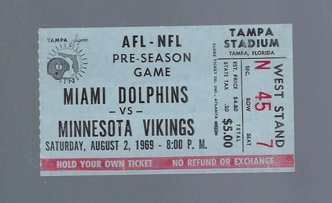 VINTAGE 1969 AFL NFL MIAMI DOLPHINS vs MINNESOTA VIKINGS FOOTBALL TICKET STUB Cover