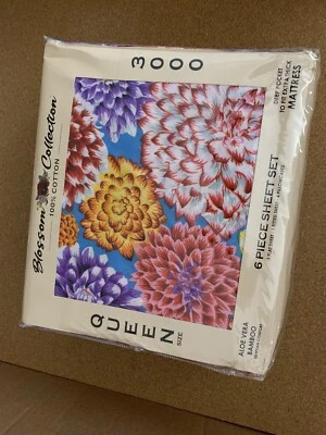 Queen Six Piece Sheet Floral Set 3000  Aloe Vera Bamboo Fabric Carnation - Image 1 of 4