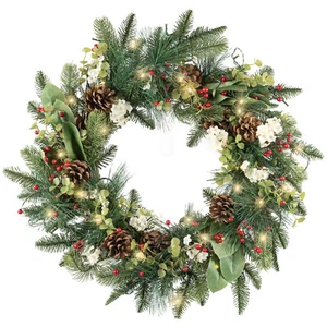 26” Christmas Wreath Pinecones & White Flowers Battery-Operated LED Lights - Picture 1 of 5