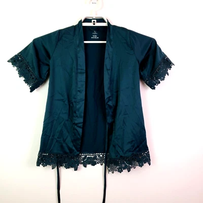 AW Bridal Girls Size S Hunter Green Satin Lace Trim Kimono Robe - Image 1 of 4