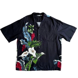 VTG IOLANI Men's Hawaiian Floral Camp Shirt Black Rayon Size L Made in HAWAII - Picture 1 of 12