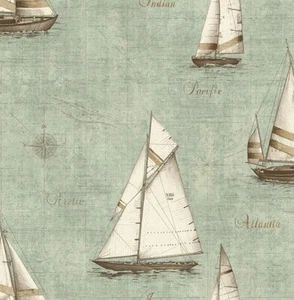 Wallpaper Nautical Off White Tan Brown Sailing Ships on Green Map, 56 Sq Ft Bolt - Picture 1 of 2