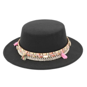 Women's Boater Sailor Hat Flat Top Caps Fedora Hats Pork Pie Cap Pink Ribbon - Picture 1 of 21
