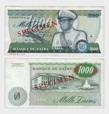 Zaire - 1985 - 1000 Zaires - SPECIMEN - "aUNC-"  #CO3549 - Image 1 of 4