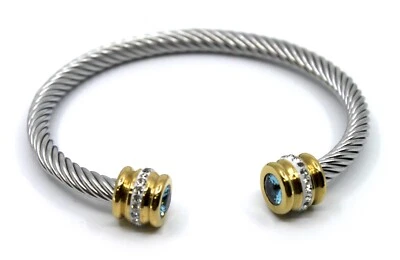 Stainless Steel 2 Tone Light Blue & White Crystal Cable Cuff Bangle Bracelet - Image 1 of 4