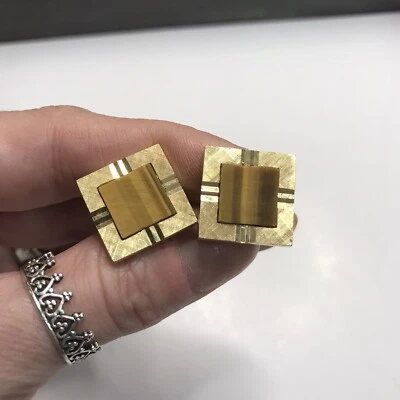 Vintage Diamond Cut Gold Tone Cufflinks with Tigers Eye Square - Image 1 of 2