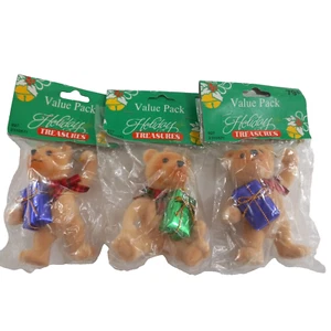 Vintage Lot of Three Flocked Bear Ornaments 3.5" Christmas Holiday Decorating - Picture 1 of 4