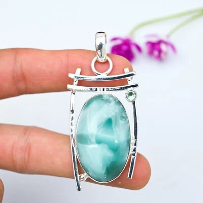 Natural Larimar, Peridot Gemstone Pendant 925 Sterling Silver Handmade Jewelry - Image 1 of 4