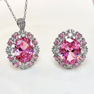 2pc Charm Color Pink Topaz Gemstone Women Girls Jewelry Silver Necklace Ring - Image 1 of 4