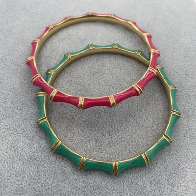 Stella And Dot Julep Green Pink Enamel Bamboo Style Gold Tone Bangle Bracelet - Image 1 of 4