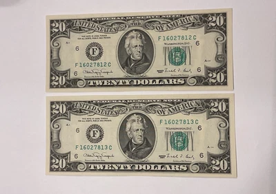 (2) 1990 $20 Twenty Dollar Bill Bills Sequence Sequential Numbers MINT CONDITION - Image 1 of 4