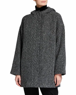 Abrigo Eileen Fisher Mujer Talla L Gris Con Capucha Elevado Lana Alpaca Cupro Forrado Chevron Foto 1 de 4