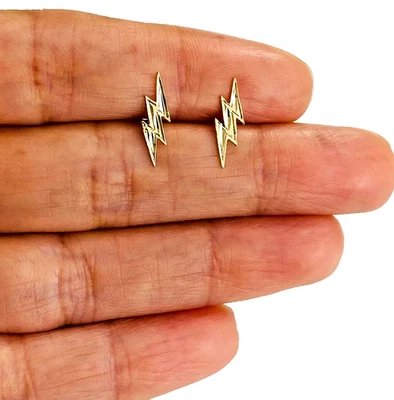 14K Real Solid Yellow Gold Lightning Bolt Stud Earrings 13mm x 4mm - ER1221 - Image 1 of 4