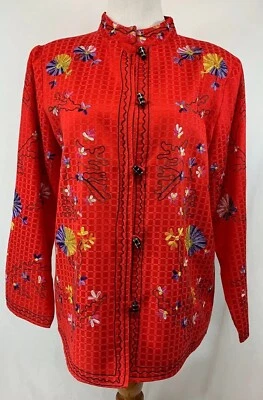 Alex Kim Red Button up Front Lined Cotton Blend Jacket Embroidered Flowers SZ M - Image 1 of 4