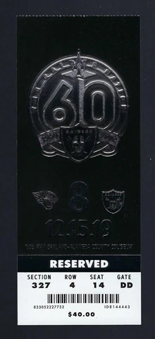 RAIDERS FINAL GAME in OAKLAND 2019 NFL vs JAGUARS FOOTBALL FULL UNUSED TICKET Cover