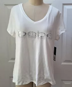 Bebe Sport Women T Shirt Top V-Neck Falling Sequin White/Silver Size: L NWT - Picture 1 of 7