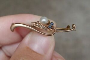 Victorian 10kt Rose Gold Pearl & Sapphire Brooch