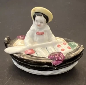 German Fairing 19th Century Girl a Boat Hard Paste Porcelain Trinket - Picture 1 of 7