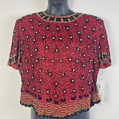 Adrianna Papell 2X  fully Beaded formal top Red black silk back zip ss wedding - Image 1 of 4