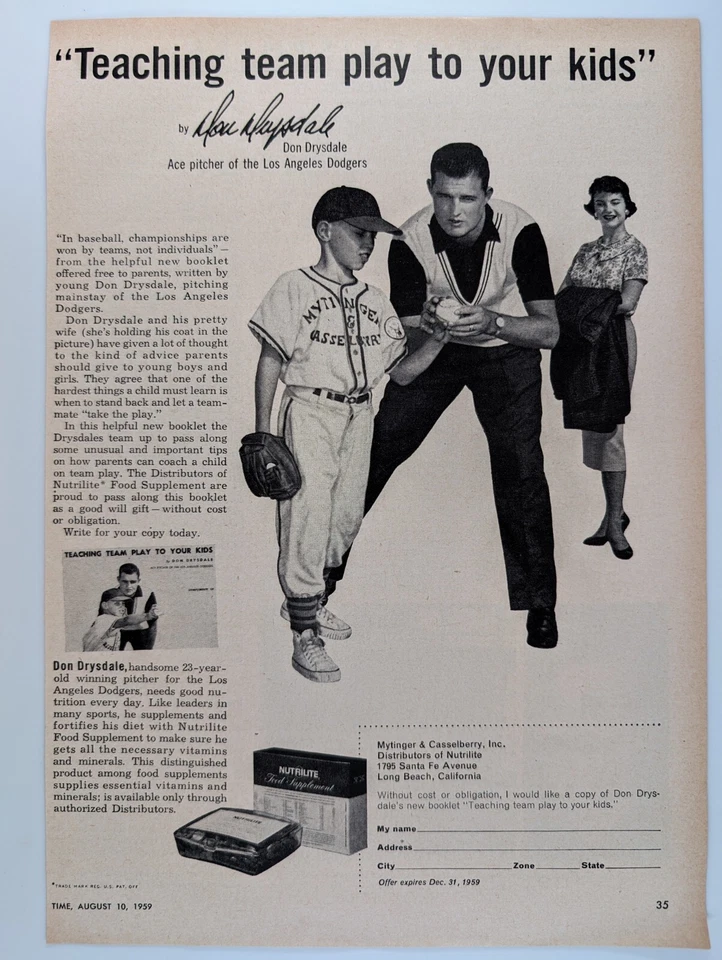 Don Drysdale Pitcher Los Angeles Dodgers Baseball 1959 Time Print Ad 8x11" - Image 1 of 1