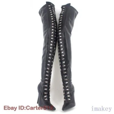 12CM High Heel Lace-Up Full Zip Flex PU Thigh Over-Knee Crotch High Punk Boots - Image 1 of 4