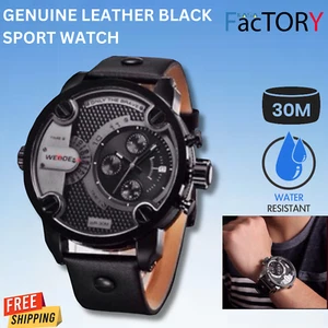 KASA Genuine Leather Sport Watch Black 30m Waterproof Quartz Wide Sports Watch - Picture 1 of 3