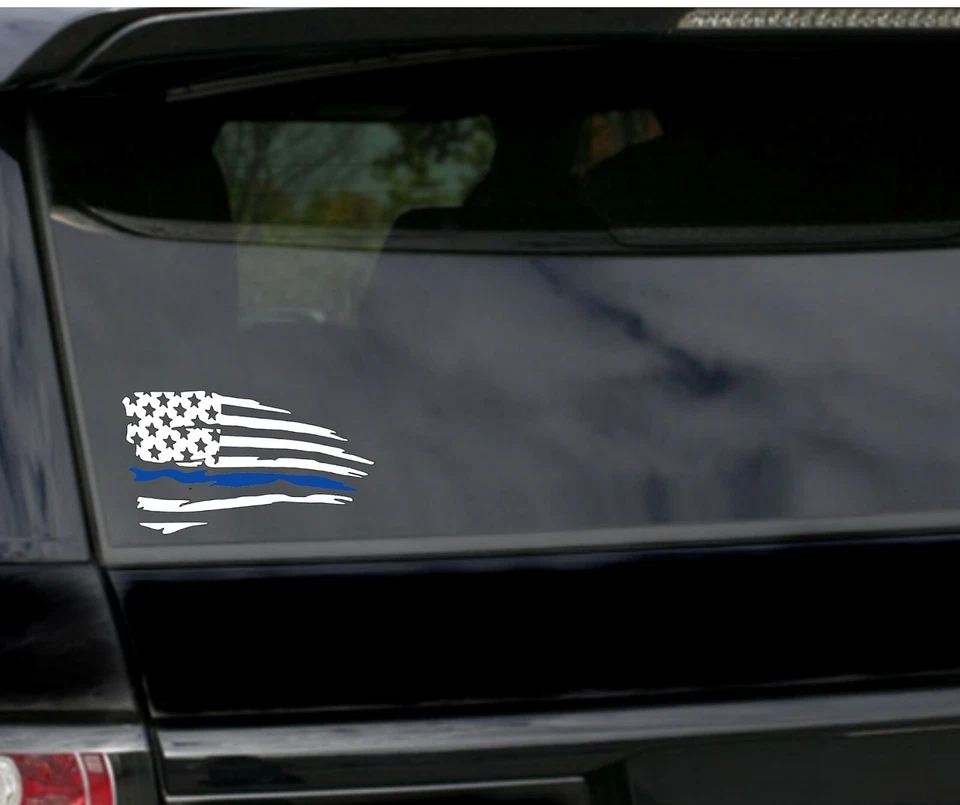 Distressed  American flag thin blue line Vinyl Decal Sticker | Ripped Torn USA  - Image 1 of 3