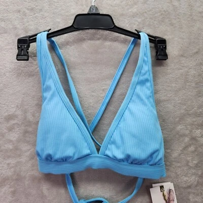 Top de bikini Jessica Simpson talla S espalda X acanalada traje de baño cruzado azul cielo Foto 1 de 4