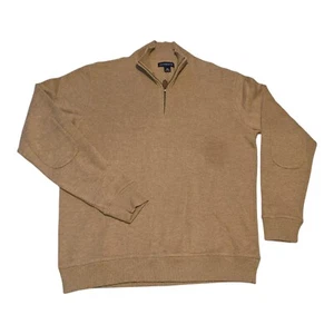 Land's End Winter 1/2 Zip Pullover Camel Men's Medium 100% Cotton Elbow Patches - Picture 1 of 21