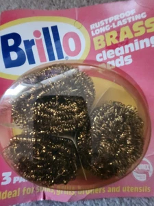 Vintage 1994 Brillo Scrubbers BRASS Scour Pads 3 Pack New Old Stock (BENT PACKAG - Picture 1 of 5