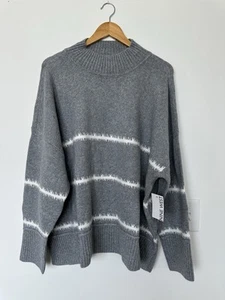Nine West Cozy Mock Neck Pullover Sweater Women's 3X Grey White Stripe NWT - Picture 1 of 8