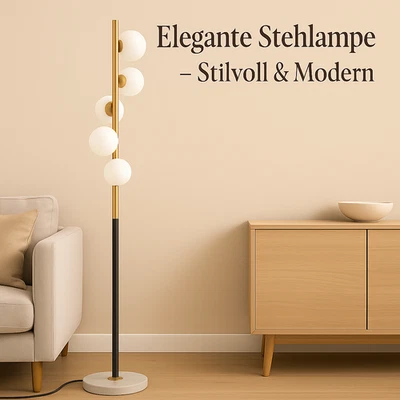 LED Stehlampe Gold Kugelform Modernes Design Metall Weiß - Bild 1 von 4