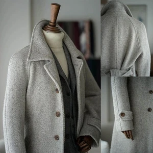 Herren Tweed Grauer Mantel Jacke Gürtel Einreihig Winter Lang Warm Custom - Picture 1 of 10