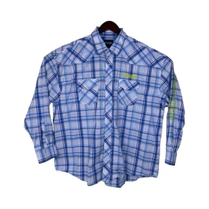Wrangler Plaid Western Shirt 2XL Long Sleeve Blue White Embroidered Rodeo Cowboy - Picture 1 of 18