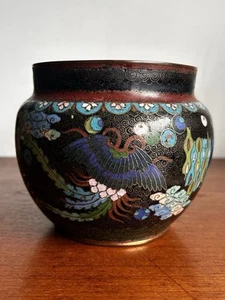 VINTAGE JAPANESE CLOISSONE VASE JARDINIERE PLANTER FLOWERS BUTTERFLIES CLOUDS - Picture 1 of 24