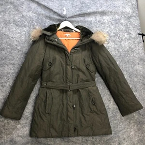 Vince Coat Jacket Womens Medium Green Puffer Fur Hood Down Zip Parka Belted - Picture 1 of 12
