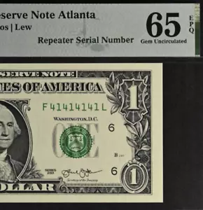 2013 $1 Federal Reserve Note PMG 65EPQ birthday fancy super repeater 41414141 - Picture 1 of 3
