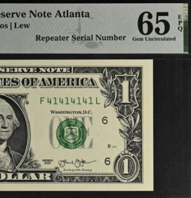 2013 $1 Federal Reserve Note PMG 65EPQ birthday fancy super repeater 41414141 - Image 1 of 3